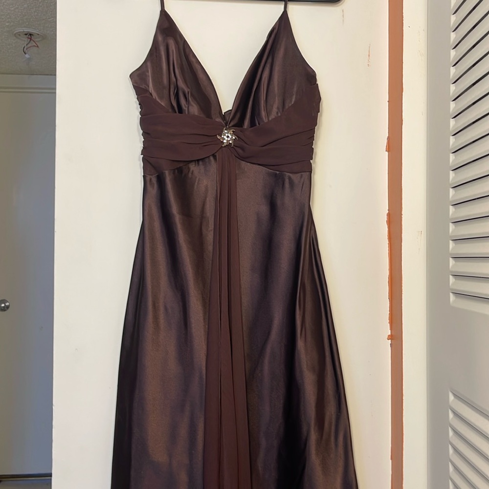 Chocolate Brown Silk-Like Floor Length Evening Gown